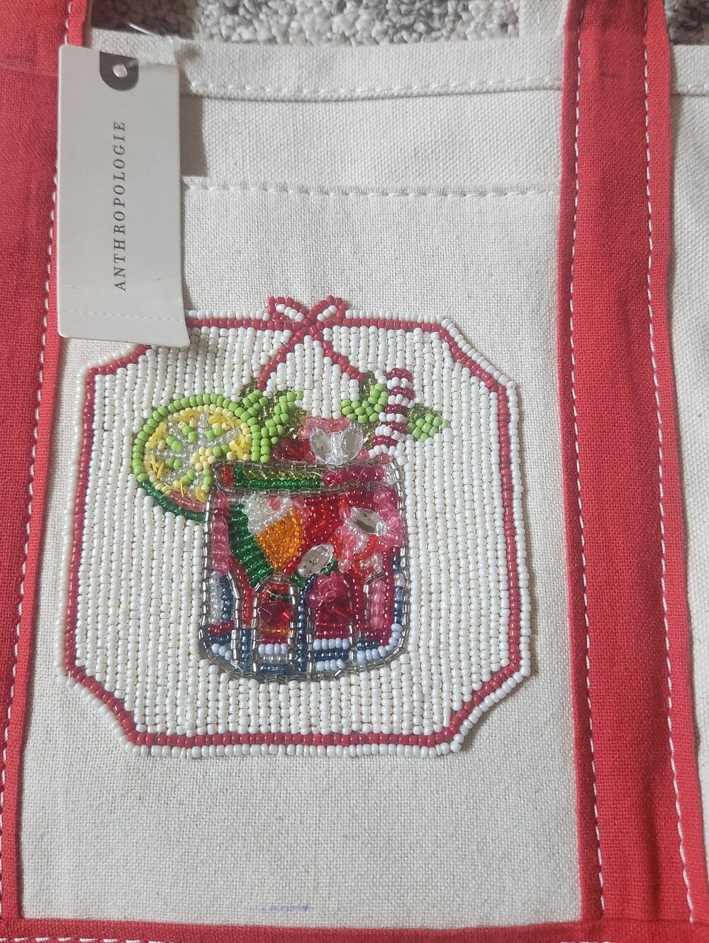 Anthropologie Cream Canvas Tote with Coral Trim and Beaded Cocktail Motif - Picture 2 of 11